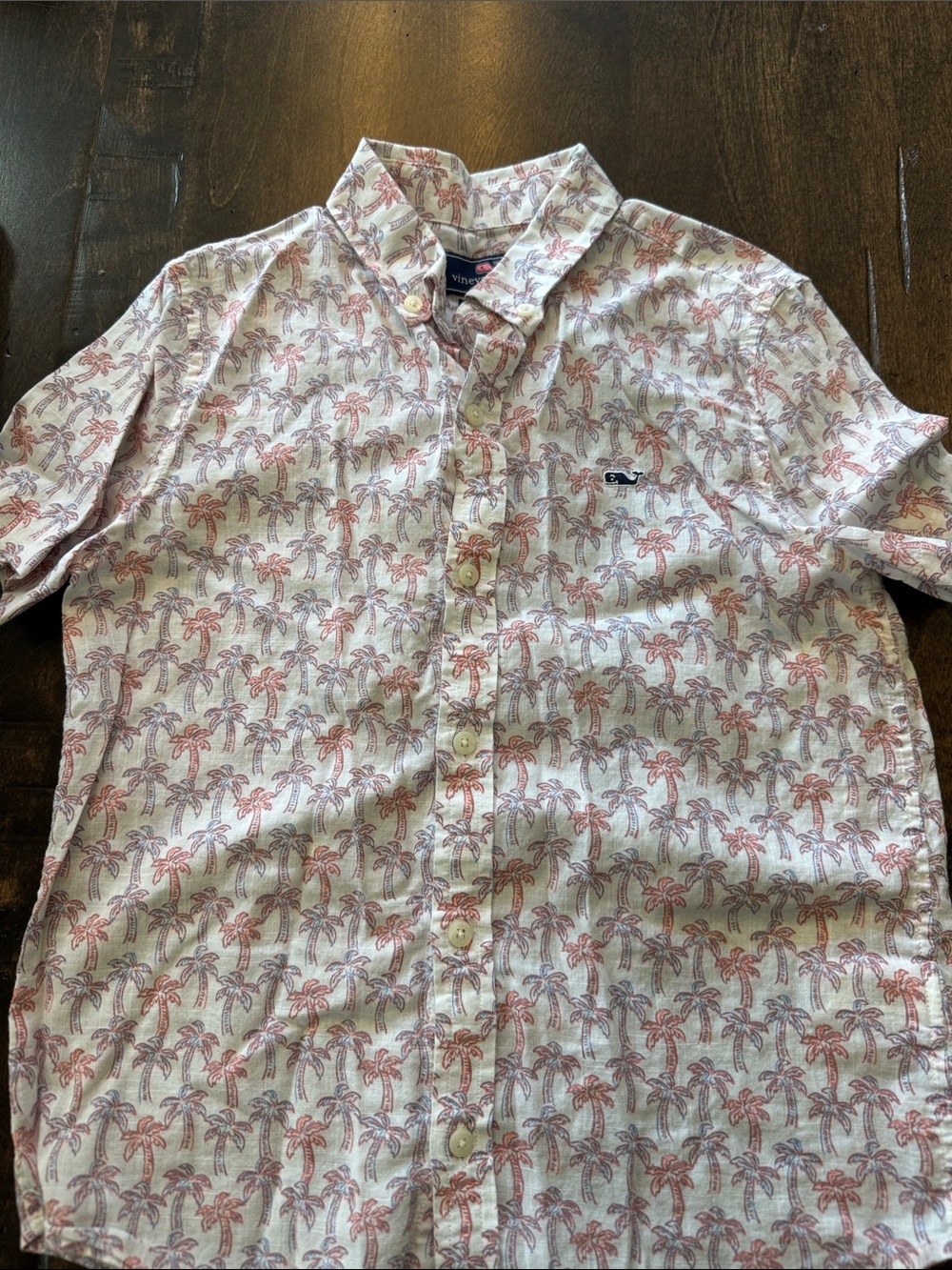 Vineyard Vines Short-Sleeve Palm Print Shirt - White with Pink Palm Trees